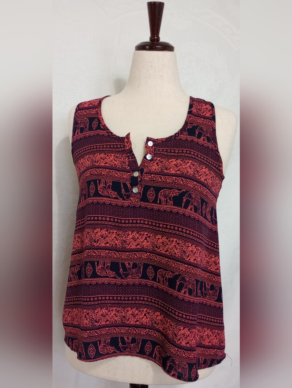 Pink Rose Black and Coral Elephant Print Henley Tank